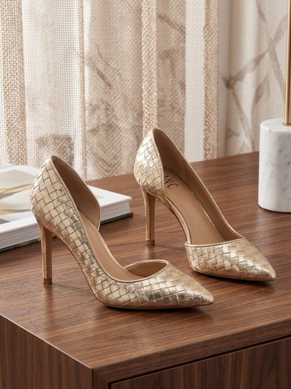 INC International Concepts Metallic Gold Woven Pointed-Toe Pumps (Floor Sample)